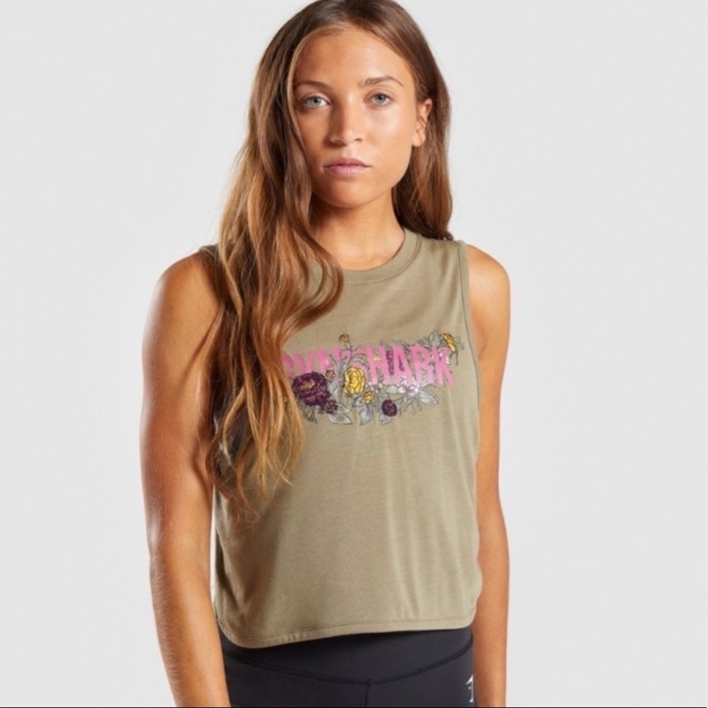 Gymshark floral graphic cropped muscle tank in khaki green size small NWT
